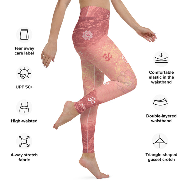yoga pants with lotus, om sign, peace sign by Sushila Oliphant for Apparel for the Spirit.