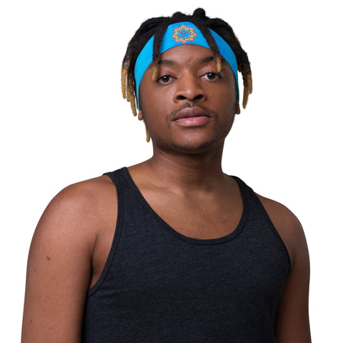 Lotus Om headband is great for yoga and the gym. Colorful, abstract design. Artist, Sushila Oliphant with Apparel for the Spirit.
