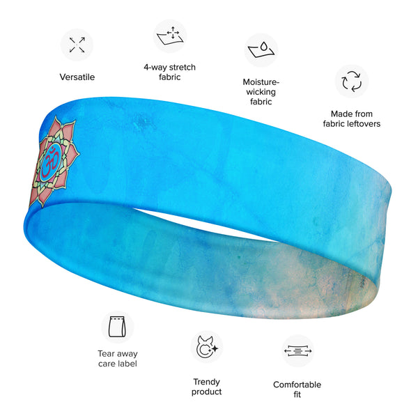 Lotus Om headband is great for yoga and the gym. Colorful, abstract design. Artist, Sushila Oliphant with Apparel for the Spirit.