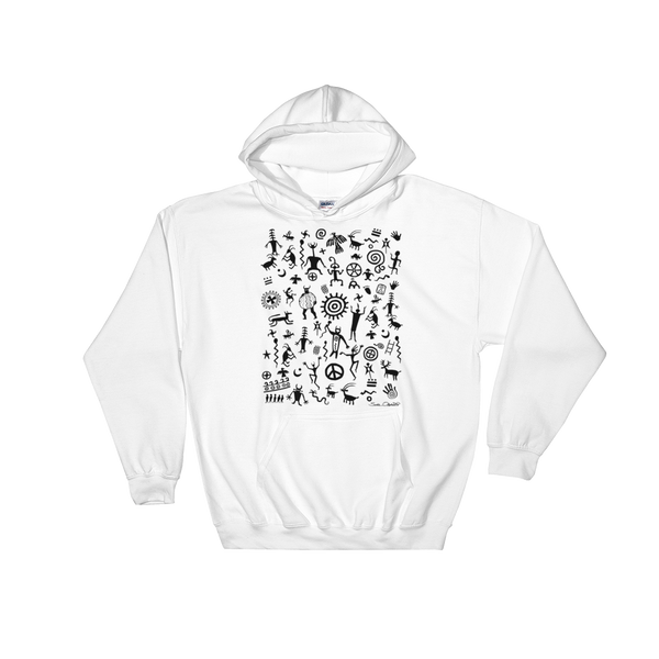 Native American Indian rock art on hoodie by Sushila Oliphant.