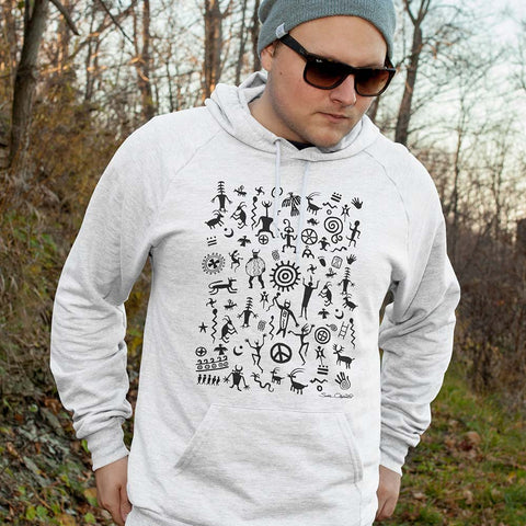 Native American Indian rock art on hoodie by Sushila Oliphant.
