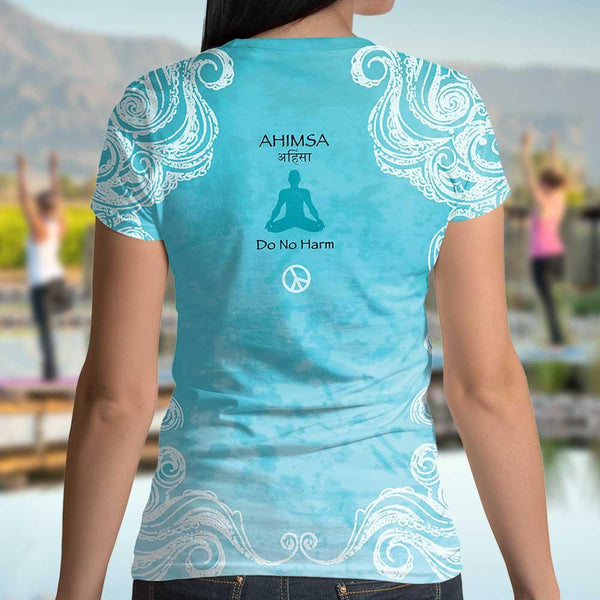 Women's Om Shanti yoga t-shirt with om signs and peace signs. Artist Sushila Oliphant for Apparel for the Spirit.
