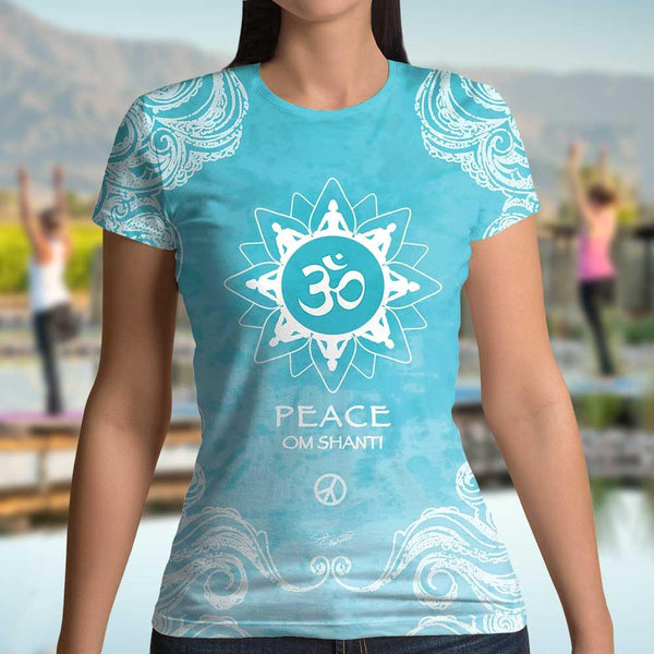 Women's Om Shanti yoga t-shirt with om signs and peace signs. Artist Sushila Oliphant for Apparel for the Spirit.