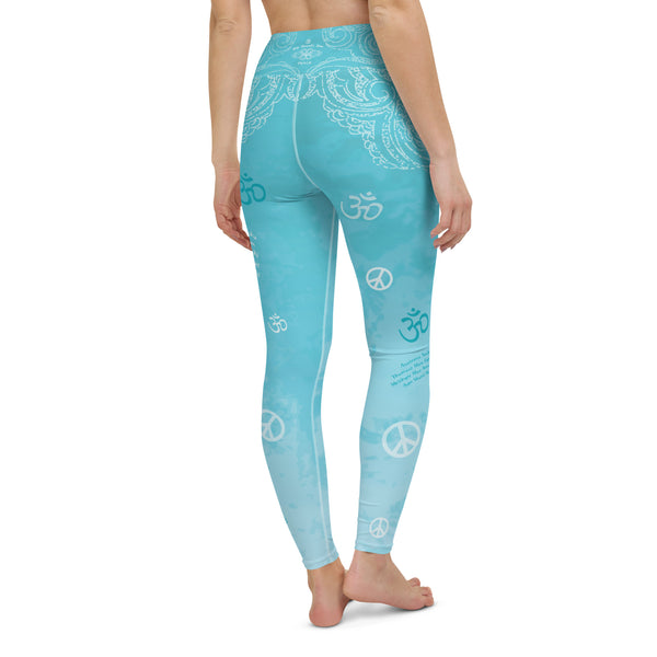 yoga pants with lotus, om sign, peace sign by Sushila Oliphant for Apparel for the Spirit
