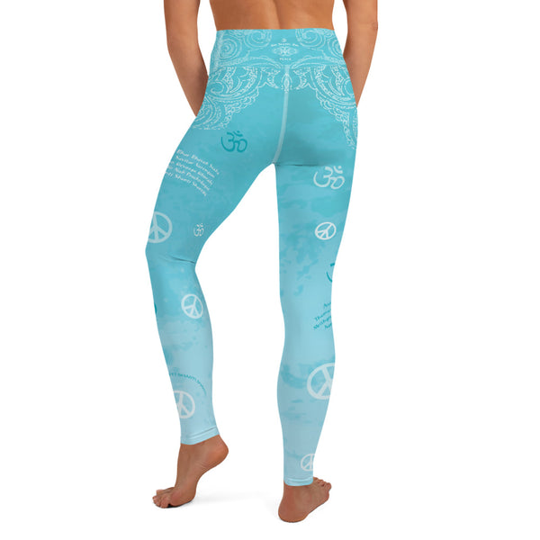 yoga pants with lotus, om sign, peace sign by Sushila Oliphant for Apparel for the Spirit