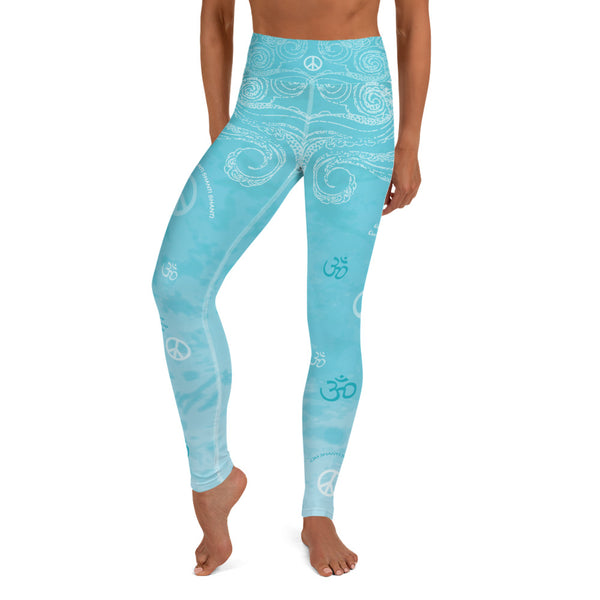 yoga pants with lotus, om sign, peace sign by Sushila Oliphant for Apparel for the Spirit