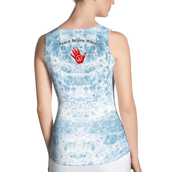 yoga tank top with om sign, peace sign by Sushila Oliphant