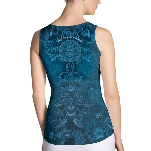 yoga tank top with Saraswati, om sign, peace by Sushila Oliphant