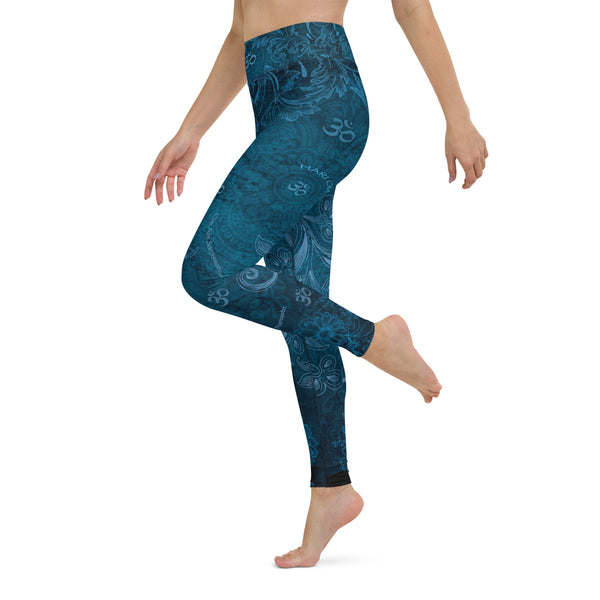 Yoga pants with Hindu Goddess Saraswati by Sushila Oliphant for Apparel for the Spirit.