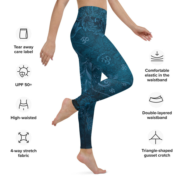 Yoga pants with Hindu Goddess Saraswati by Sushila Oliphant for Apparel for the Spirit.