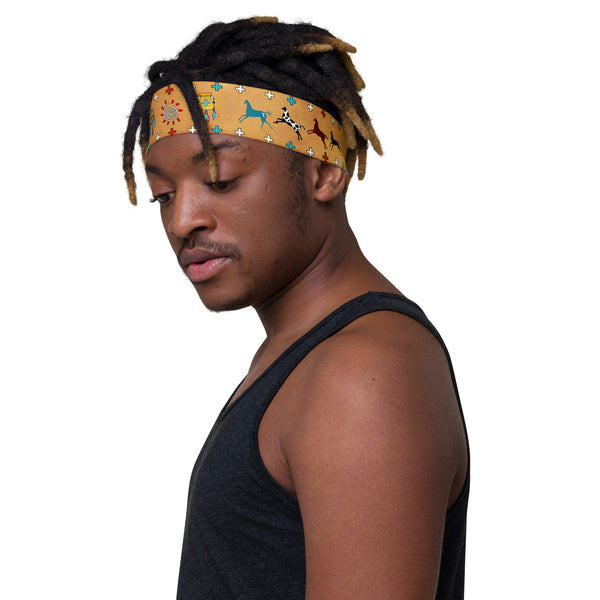 Spirit Horses Headband with a dreamcatcher, medicine bag, and crosses make this a beautiful Native American themed headgear. For the gym, workouts and yoga classes. Designer, Sushila Oliphant with Apparel for the Spirit.