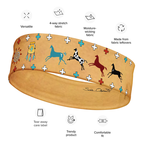 Spirit Horses Headband with a dreamcatcher, medicine bag, and crosses make this a beautiful Native American themed headgear. For the gym, workouts and yoga classes. Designer, Sushila Oliphant with Apparel for the Spirit.