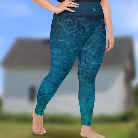 Wisdom Seeker Plus Size Yoga Pants with mantras, lotus and om sign by Sushila Oliphant with Apparel for the Spirit.