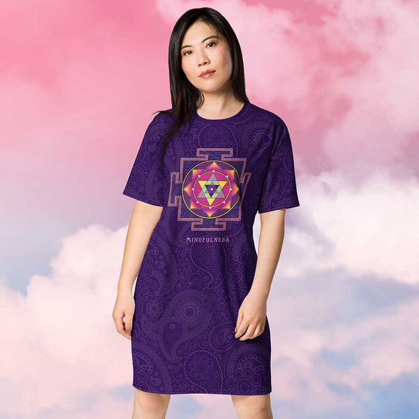 T-shirt Dress with yantra of Ganesha, mindfulness on front, awareness and om sign on back. Artist Sushila Oliphant, Apparel for the Spirit.