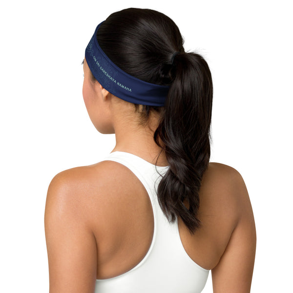Ganesha Dancing headband great for yoga classes and gym workouts. Om signs and Ganesha's mantra embedded in the design. Artist, Sushila Oliphant with Apparel for the Spirit.
