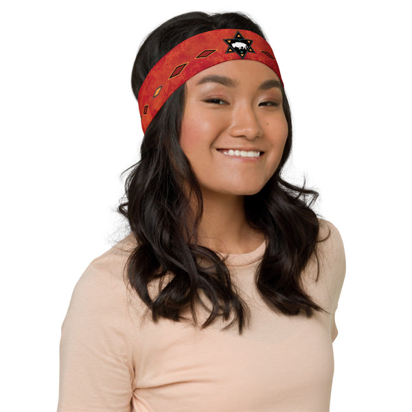 White Buffalo headband - great for gym workouts or yoga classes. Native American theme. Artist, Sushila Oliphant with Apparel for the Spirit.