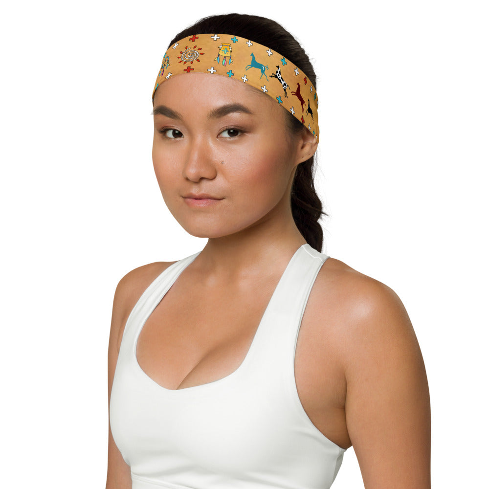 Spirit Horses Headband with a dreamcatcher, medicine bag, and crosses make this a beautiful Native American themed headgear. For the gym, workouts and yoga classes. Designer, Sushila Oliphant with Apparel for the Spirit.
