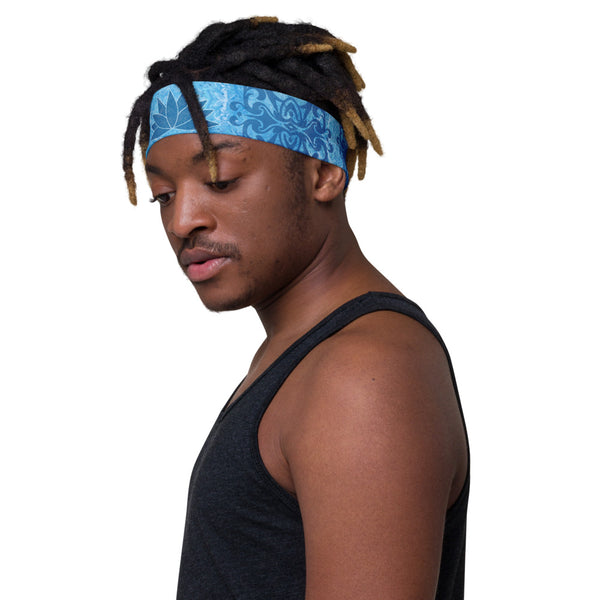 Blue Lotus headband great for yoga classes and gym workouts. Designer, Sushila Oliphant with Apparel for the Spirit.