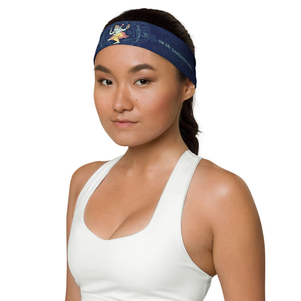 Ganesha Dancing headband great for yoga classes and gym workouts. Om signs and Ganesha's mantra embedded in the design. Artist, Sushila Oliphant with Apparel for the Spirit.