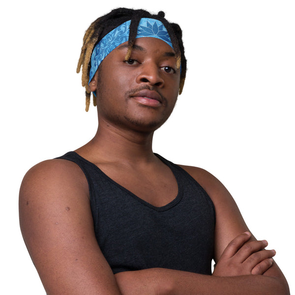 Blue Lotus headband great for yoga classes and gym workouts. Designer, Sushila Oliphant with Apparel for the Spirit.