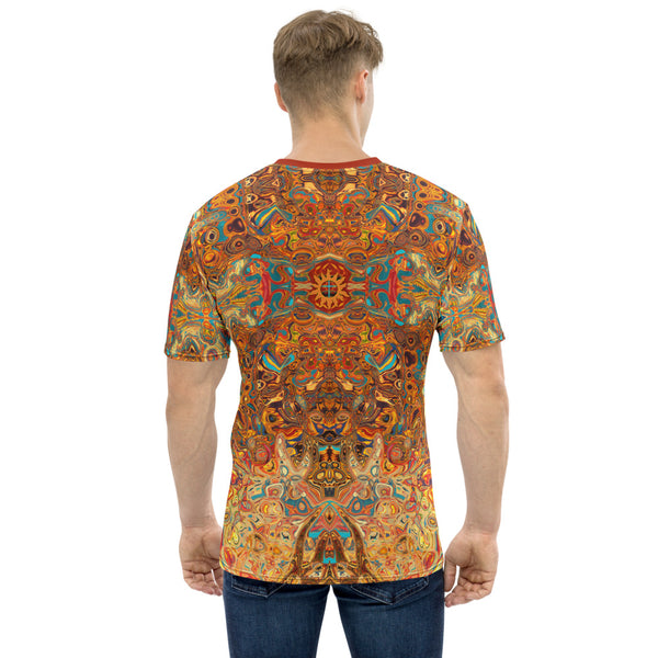 Aztec Sun men's t-shirt. Mesoamerican, Southwestern and Native American theme. Artist, Sushila Oliphant with Apparel for the Spirit.
