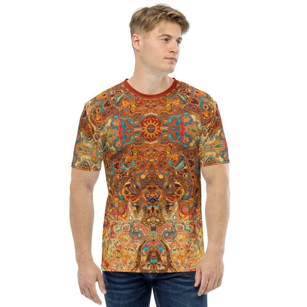 Aztec Sun men's t-shirt. Mesoamerican, Southwestern and Native American theme. Artist, Sushila Oliphant with Apparel for the Spirit.