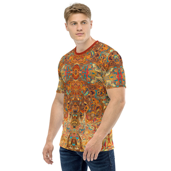 Aztec Sun men's t-shirt. Mesoamerican, Southwestern and Native American theme. Artist, Sushila Oliphant with Apparel for the Spirit.
