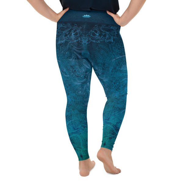 Wisdom Seeker Plus Size Yoga Pants with mantras, lotus and om sign by Sushila Oliphant with Apparel for the Spirit.