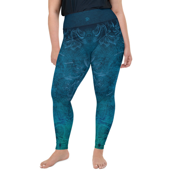 Wisdom Seeker Plus Size Yoga Pants with mantras, lotus and om sign by Sushila Oliphant with Apparel for the Spirit.