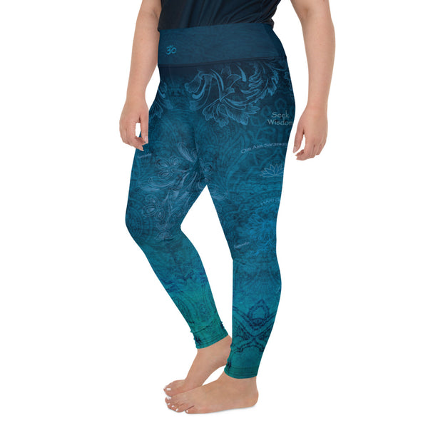 Wisdom Seeker Plus Size Yoga Pants with mantras, lotus and om sign by Sushila Oliphant with Apparel for the Spirit.