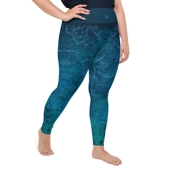 Wisdom Seeker Plus Size Yoga Pants with mantras, lotus and om sign by Sushila Oliphant with Apparel for the Spirit.