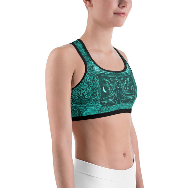 Yoga sports bra with meditating yogi and Buddha by Sushila Oliphant for Apparel for the Spirit.