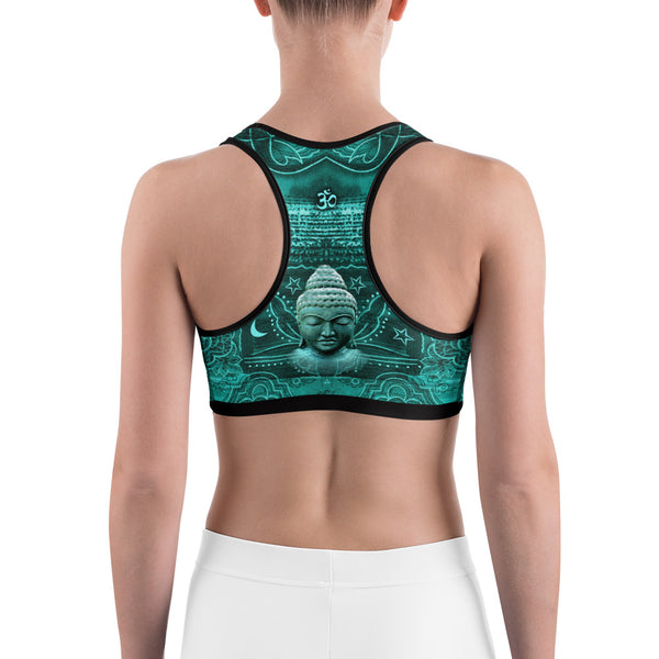 Yoga sports bra with meditating yogi and Buddha by Sushila Oliphant for Apparel for the Spirit.