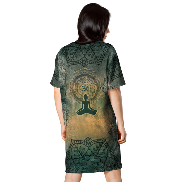 Buddha in Mudra - Available in PLUS sizes. Artwork honors Buddhist tradition, Om signs, mandala, mantra and meditating yogi. Sushila Oliphant, Apparel for the Spirit.