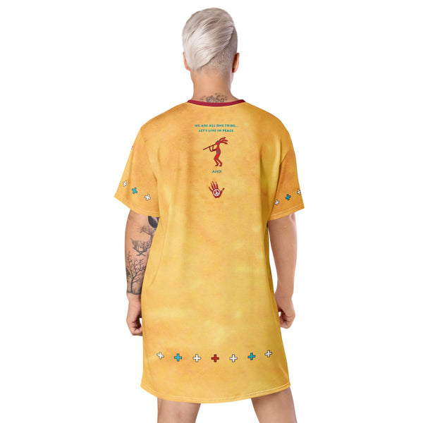 Medicine Wand t-shirt dress with Star Beings, Kokopelli and even a UFO. Native American theme. Sushila Oliphant and Apparel for the Spirit
