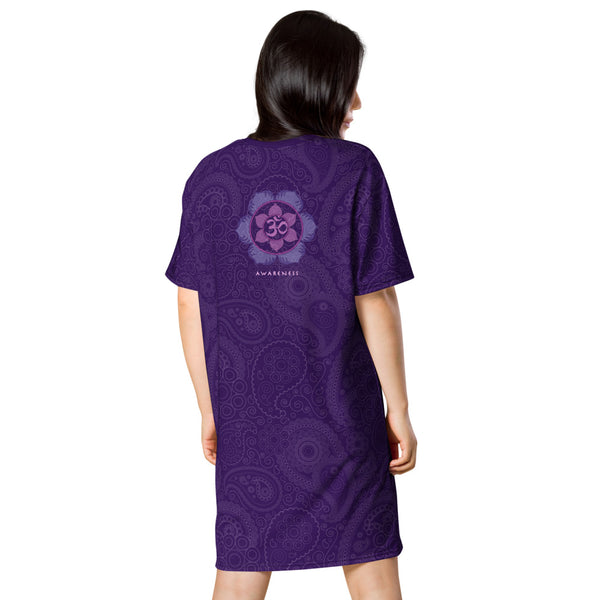 T-shirt Dress with yantra of Ganesha, mindfulness on front, awareness and om sign on back. Artist Sushila Oliphant, Apparel for the Spirit.
