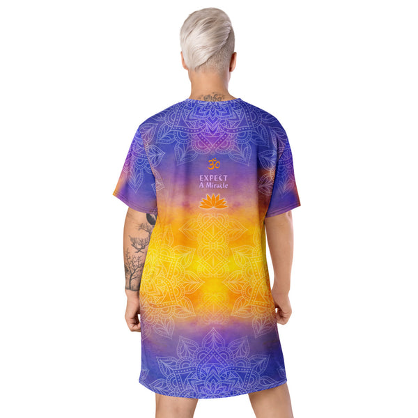 Follow Your Heart t-shirt dress. Heart chakra and yogi meditating, om sign, and lotus. Very spiritual vibe. Artist, Sushila Oliphant and Apparel for the Spirit.