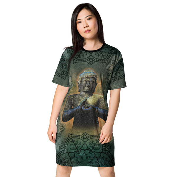 Buddha in Mudra - Available in PLUS sizes. Artwork honors Buddhist tradition, Om signs, mandala, mantra and meditating yogi. Sushila Oliphant, Apparel for the Spirit.