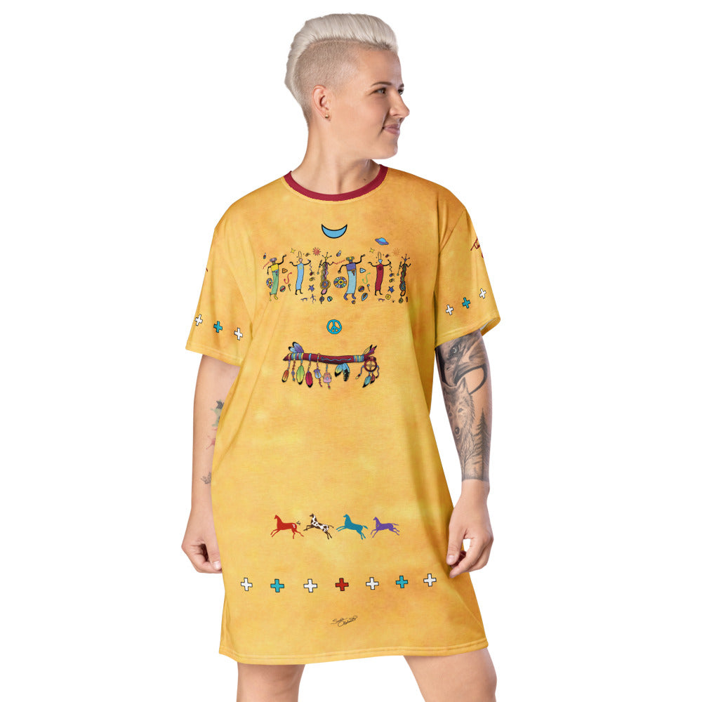 Medicine Wand t-shirt dress with Star Beings, Kokopelli and even a UFO. Native American theme. Sushila Oliphant and Apparel for the Spirit
