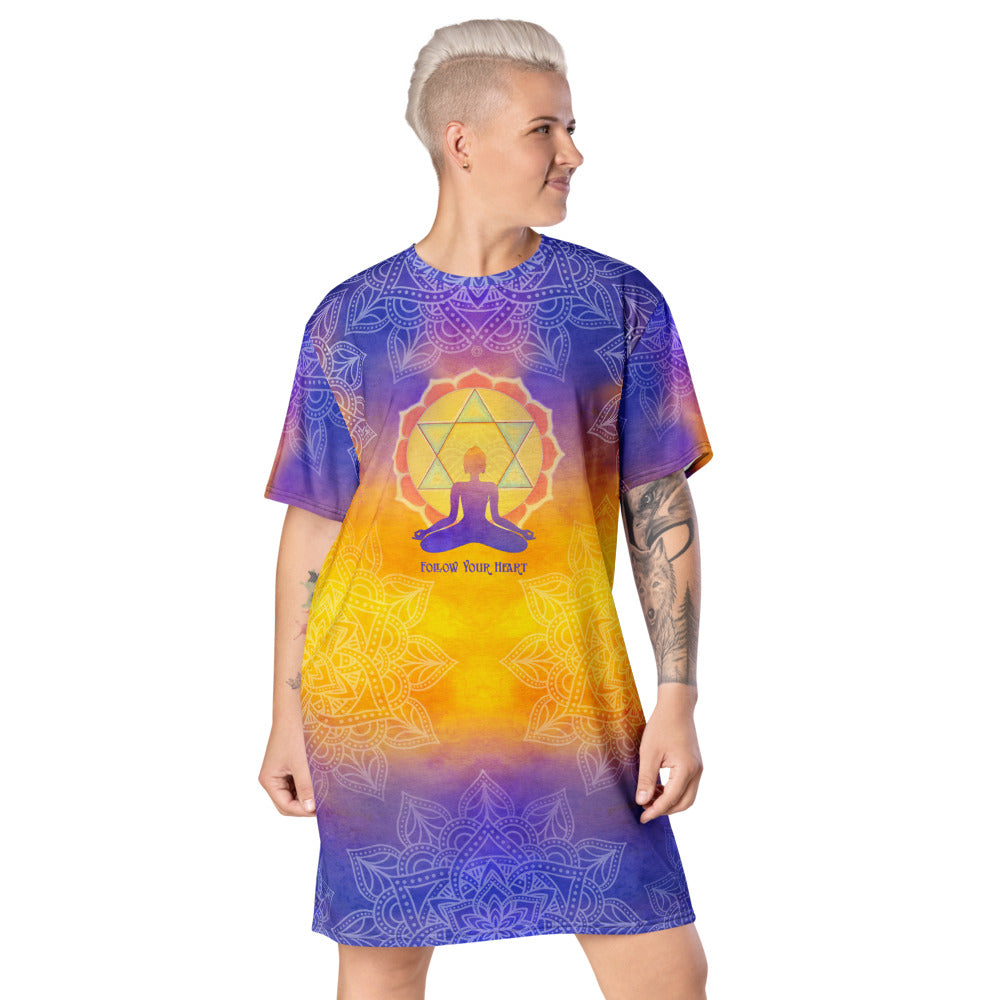 Follow Your Heart t-shirt dress. Heart chakra and yogi meditating, om sign, and lotus. Very spiritual vibe. Artist, Sushila Oliphant and Apparel for the Spirit.