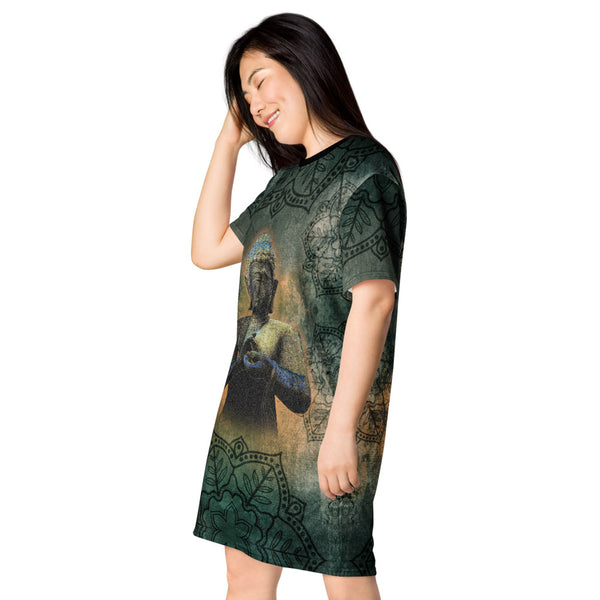 Buddha in Mudra - Available in PLUS sizes. Artwork honors Buddhist tradition, Om signs, mandala, mantra and meditating yogi. Sushila Oliphant, Apparel for the Spirit.