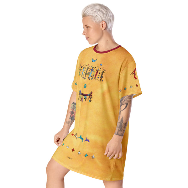 Medicine Wand t-shirt dress with Star Beings, Kokopelli and even a UFO. Native American theme. Sushila Oliphant and Apparel for the Spirit