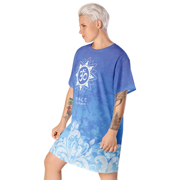 Om Shanti, Peace A t-shirt dress depicting unity of humanity and higher consciousness. An om sign and Do no harm on the back. Good vibes. Artist Sushila Oliphant and Apparel for the Spirit.
