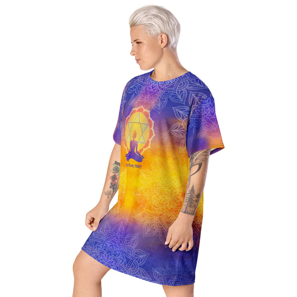 Follow Your Heart t-shirt dress. Heart chakra and yogi meditating, om sign, and lotus. Very spiritual vibe. Artist, Sushila Oliphant and Apparel for the Spirit.