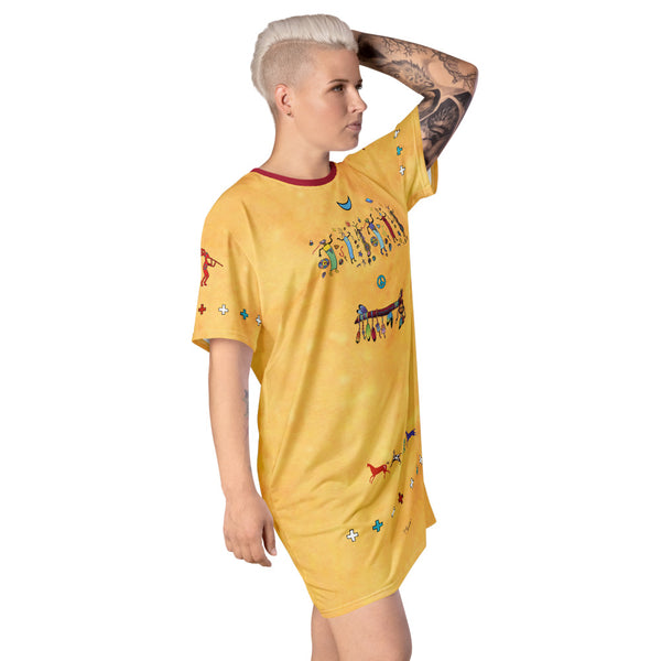 Medicine Wand t-shirt dress with Star Beings, Kokopelli and even a UFO. Native American theme. Sushila Oliphant and Apparel for the Spirit
