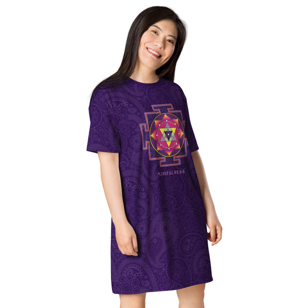 T-shirt Dress with yantra of Ganesha, mindfulness on front, awareness and om sign on back. Artist Sushila Oliphant, Apparel for the Spirit.