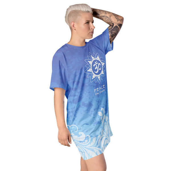 Om Shanti, Peace A t-shirt dress depicting unity of humanity and higher consciousness. An om sign and Do no harm on the back. Good vibes. Artist Sushila Oliphant and Apparel for the Spirit.