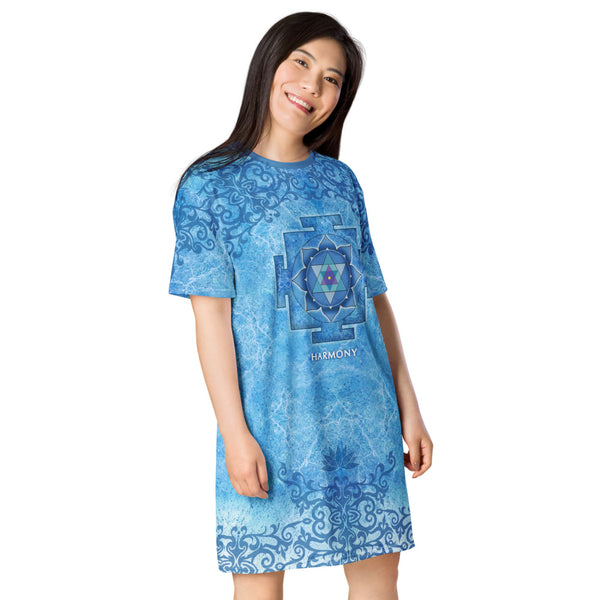 Harmony t-shirt dress with Ganesha yantra, lotus, yogi meditating, peace sign by Sushila Oliphant, apparel of the spirit.