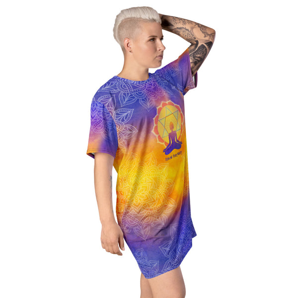 Follow Your Heart t-shirt dress. Heart chakra and yogi meditating, om sign, and lotus. Very spiritual vibe. Artist, Sushila Oliphant and Apparel for the Spirit.