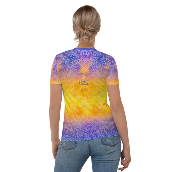 Follow Your Heart women's t-shirt. Heart chakra and yogi meditating, om sign, and lotus. Very spiritual vibe. Artist, Sushila Oliphant and Apparel for the Spirit.